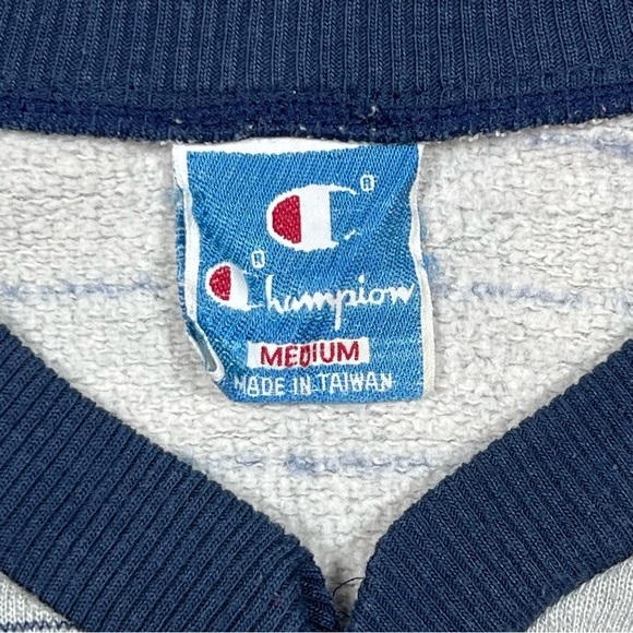 Vintage Champion Sweatshirt Gray Blue Stripe V Neck Adult Medium - Picture 2 of 8